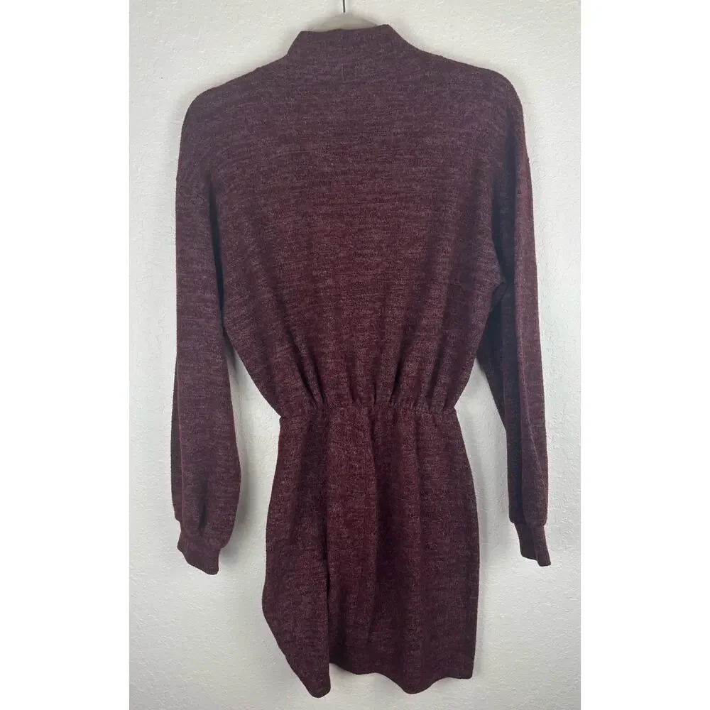Lush Burgundy Sweater Sweatshirt Dress with Mock Neck and Ruching Detail Size M